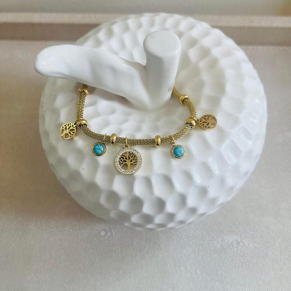 Gold Tone Tree of Life Bracelet Blue Accent Charms Boho Nature Jewelry